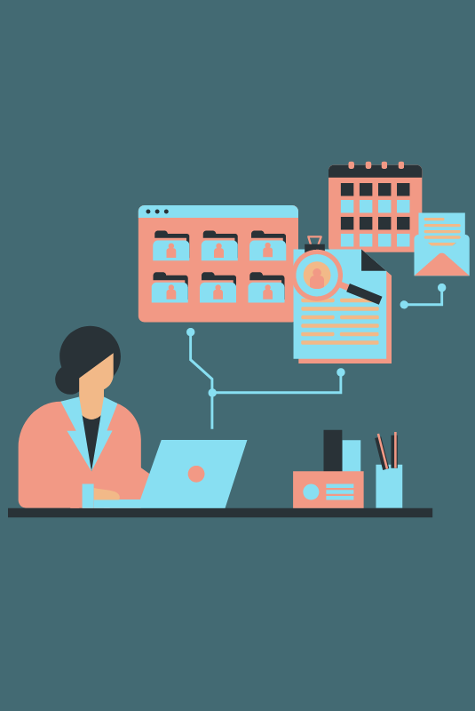 Illustration of a woman working on a laptop with various project management icons floating above.