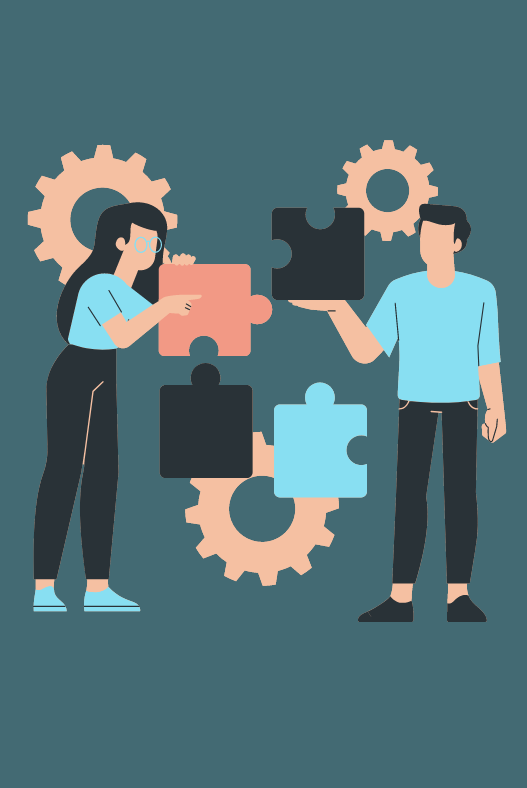 Two people connecting large puzzle pieces with gears in the background.