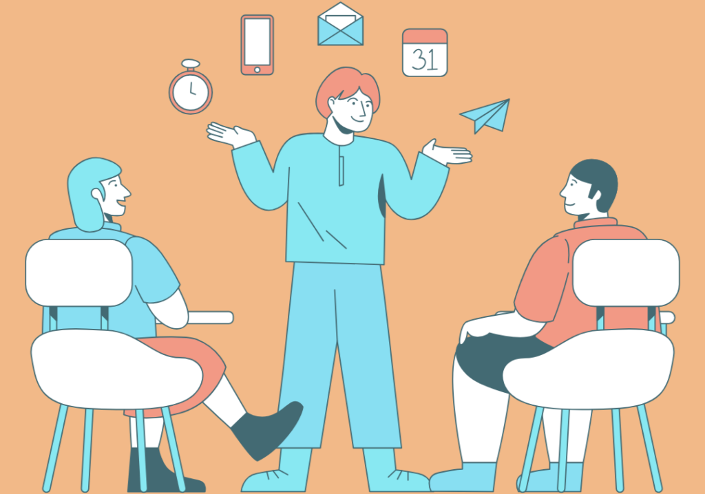 Three people in a discussion, surrounded by various iconic items like a clock and paper plane.